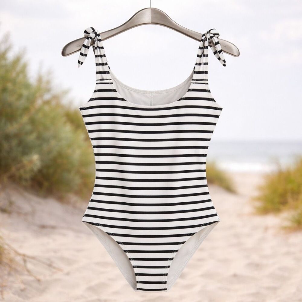 & Other Stories Ribbed Tie Shoulder One Piece Swimsuit Striped US 10 NWT - Picture 3 of 6